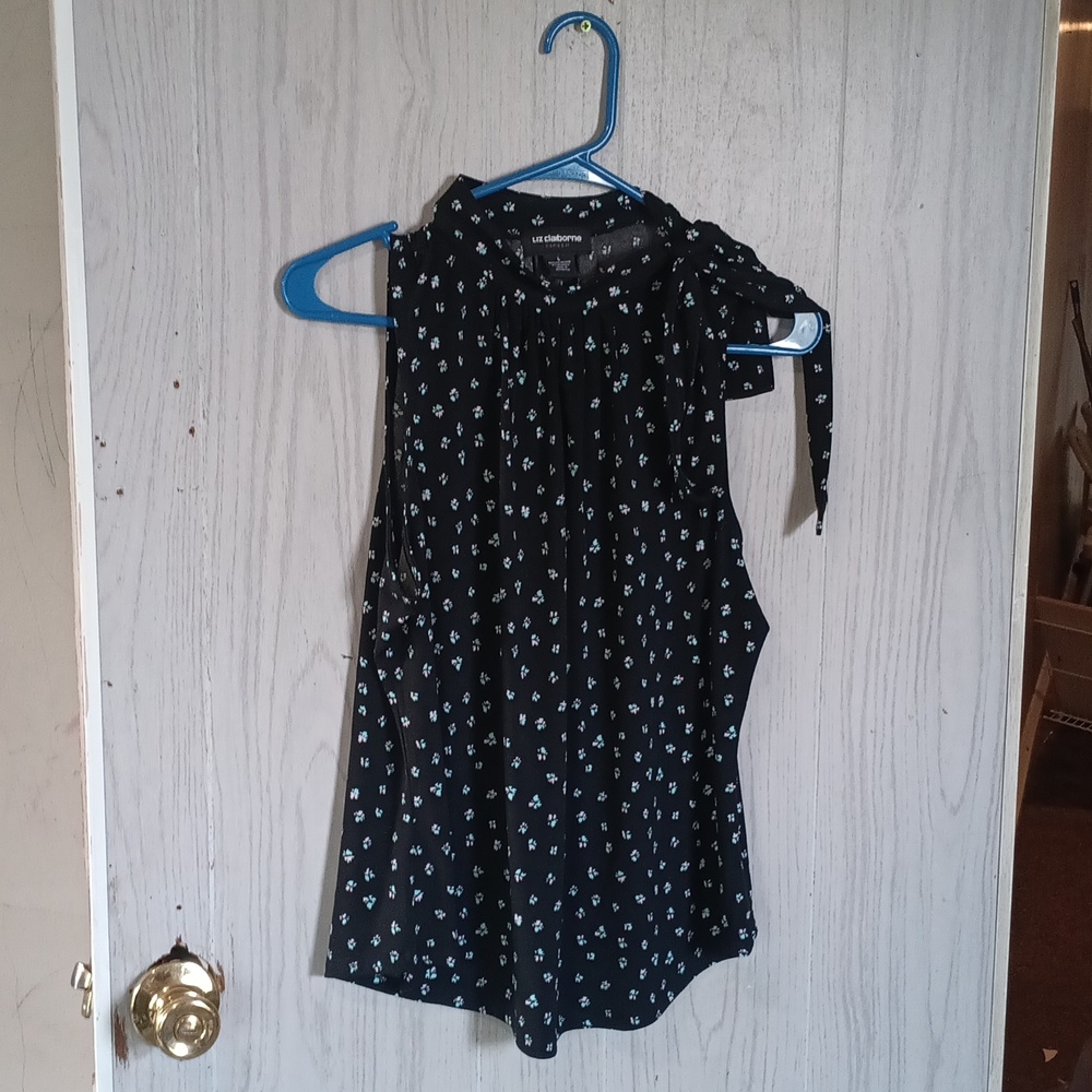 Liz Claiborne Black Blouse with Blue Pattern - Picture 2 of 2